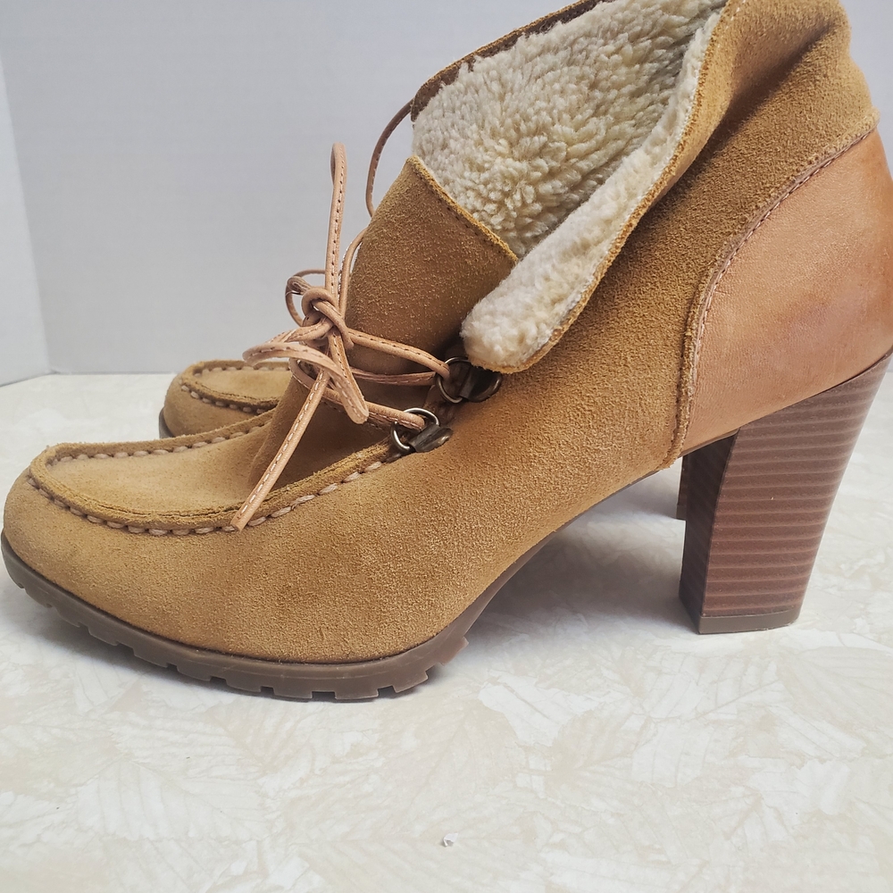 Ruff Hewn Tan Suede Shearling-Lined Lace-Up Block Heel Ankle Boots